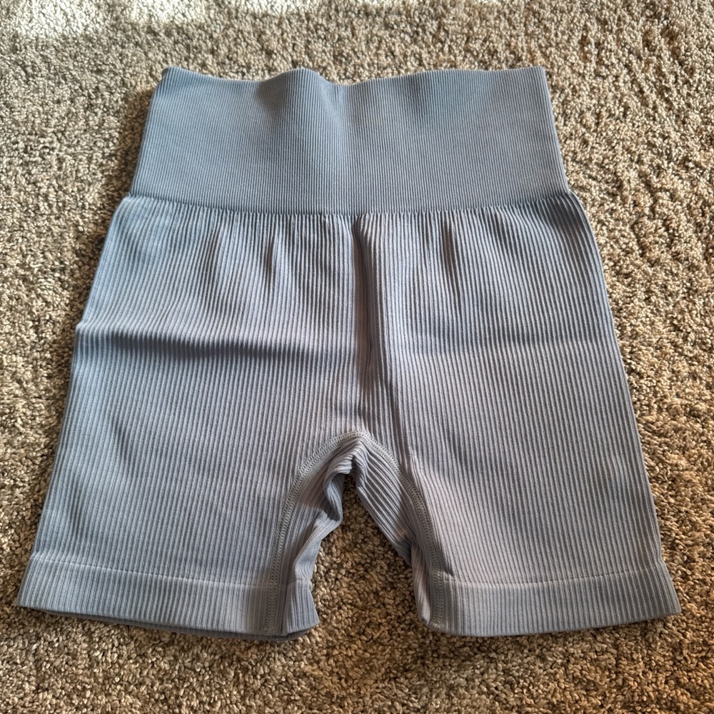 Blue Gray Ribbed High-Waisted Biker Shorts